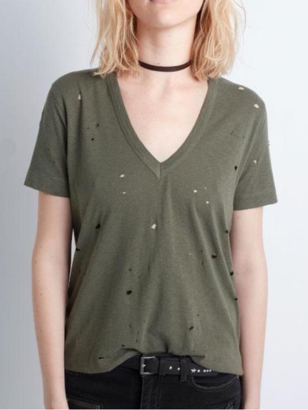 Zadig & Voltaire Olive Green and Black set of Distressed V-Neck Tees.